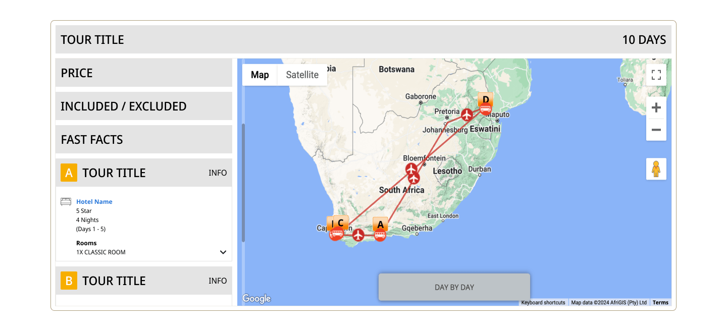 Destination map showing popular areas and regions